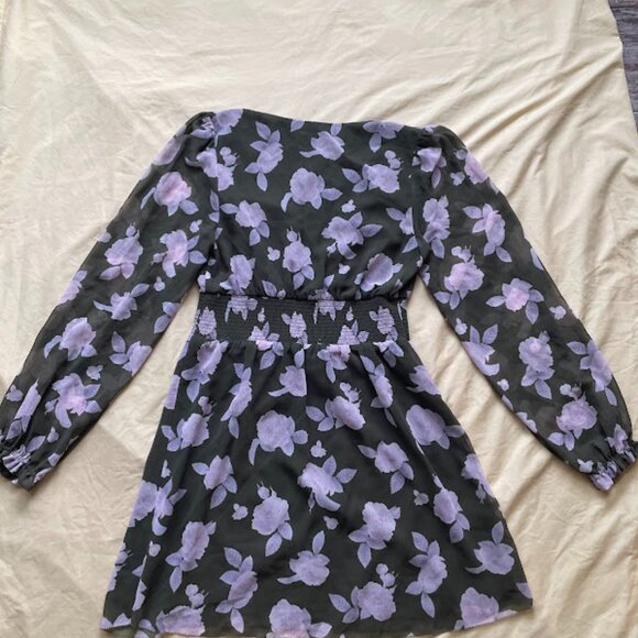 Wilfred | Black & Lavender Floral Long Sleeve Mini Dress | Size M - Picture 2 of 3